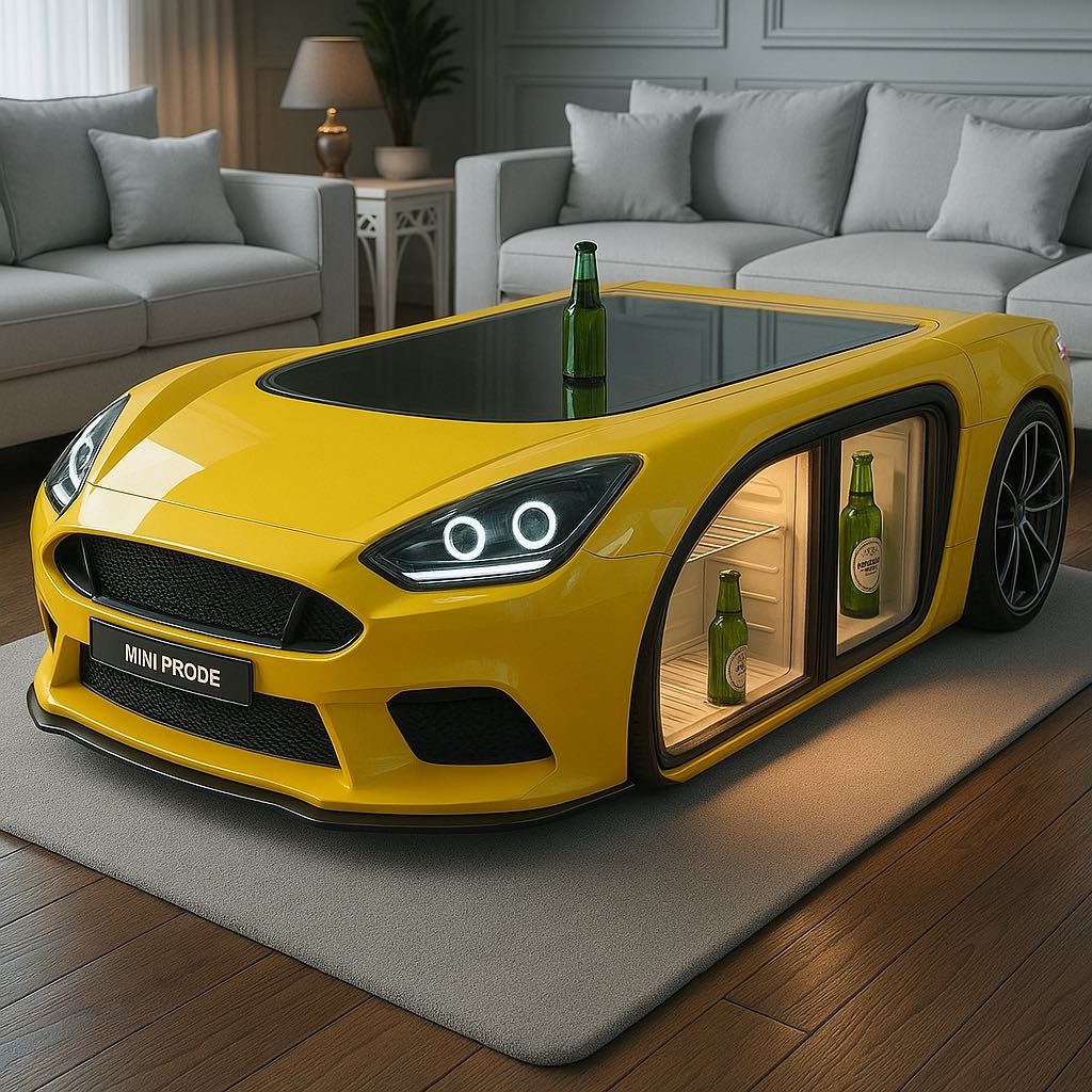 Yellow sports car-shaped coffee table with a glass top and built-in fridge, styled in a contemporary lounge.
