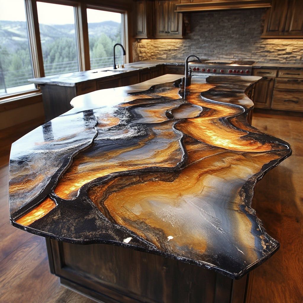 Artistic resin countertop with lava-like amber and black swirls in a wooden kitchen
