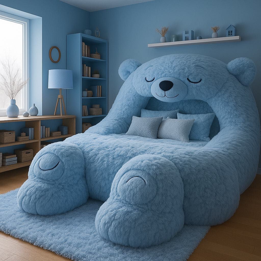  Soft blue teddy bear-shaped bed in a calming blue bedroom with coordinated shelves and decor