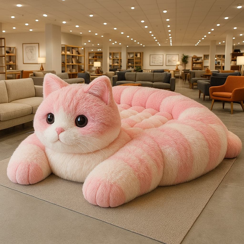 Large pink and white striped cat-shaped bed positioned in a cosy lounge area of a modern showroom. 