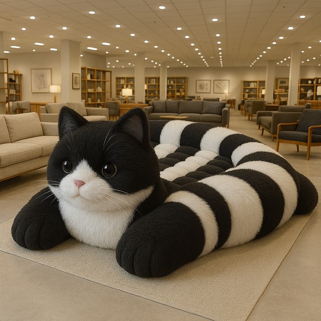 Oversized plush cat bed with black and white stripes on display in a contemporary furniture showroom.