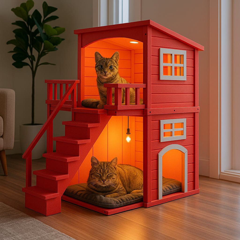 Striking red cat house with two levels, complete with windows, stairs, and cats resting inside under warm lighting.