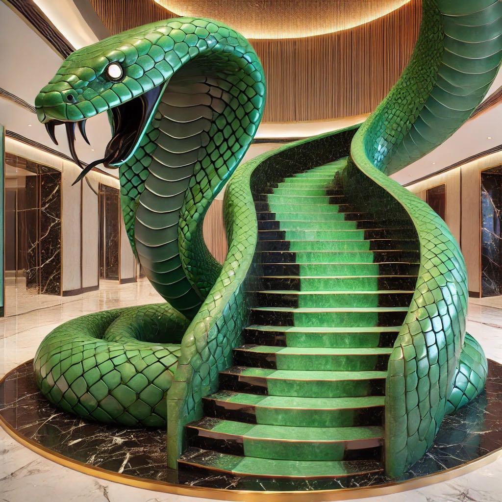 Green snake staircase with golden accents spiralling upwards in a sleek marble and wood interior