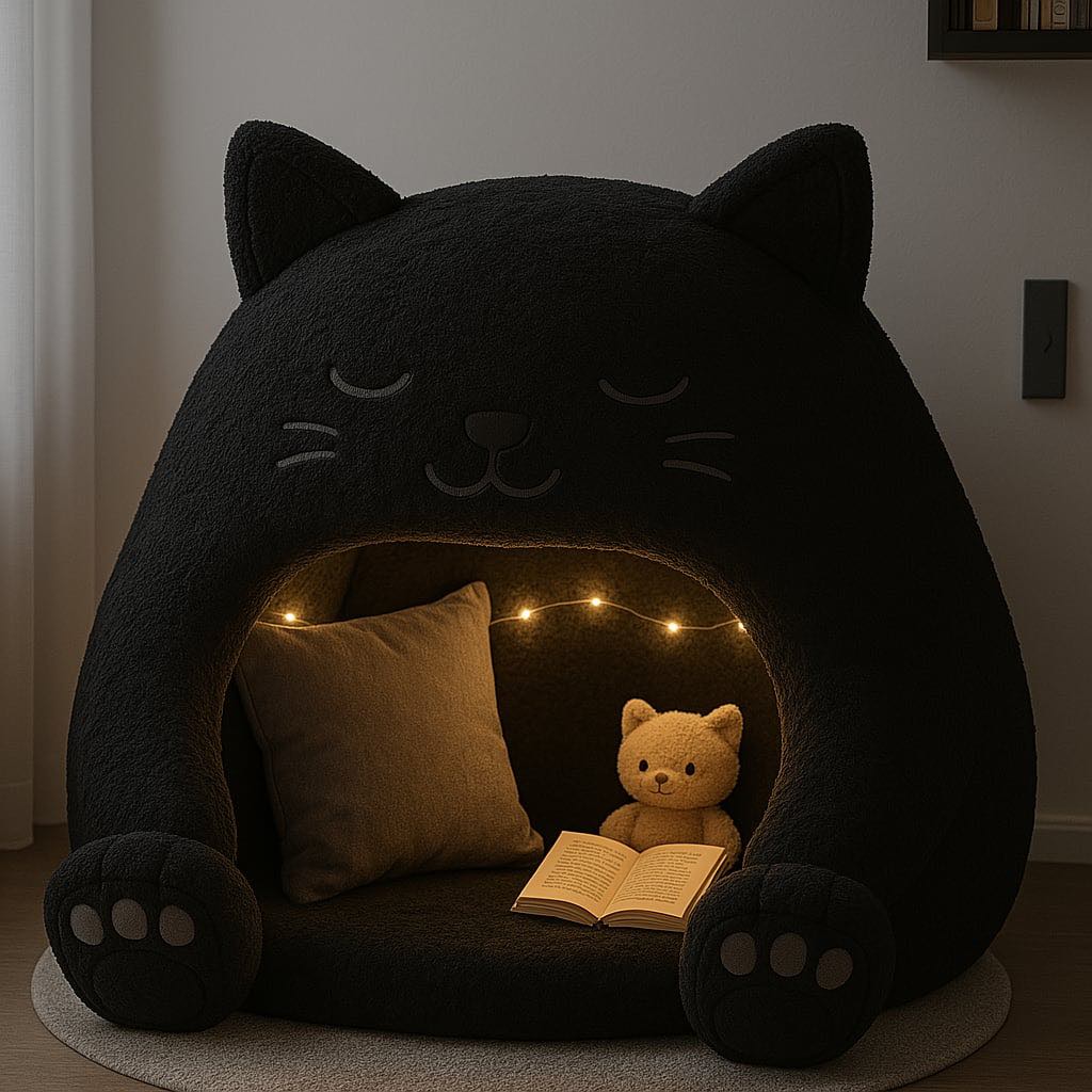 Plush black cat reading pod with pillow, lights, teddy bear, and open book inside.