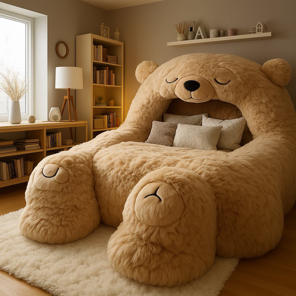 Beige teddy bear bed with plush pillows in a minimalist cream and wood-tone bedroom