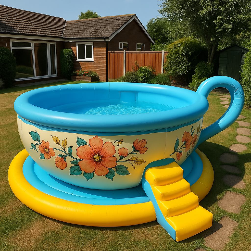 flatable pool shaped like a giant blue teacup with yellow floral patterns, set up in a garden with a yellow step ladder.