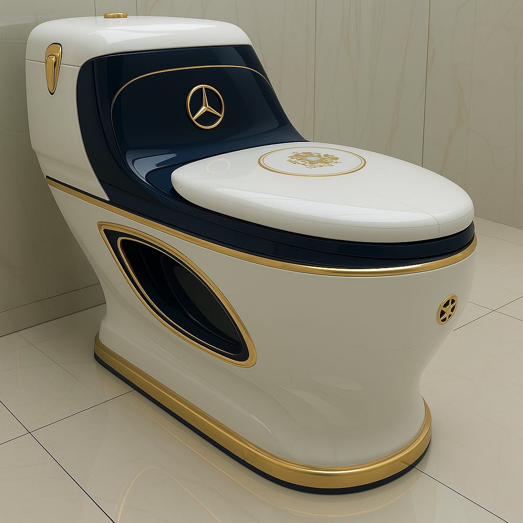  Designer navy and white toilet featuring gold accents and Mercedes branding