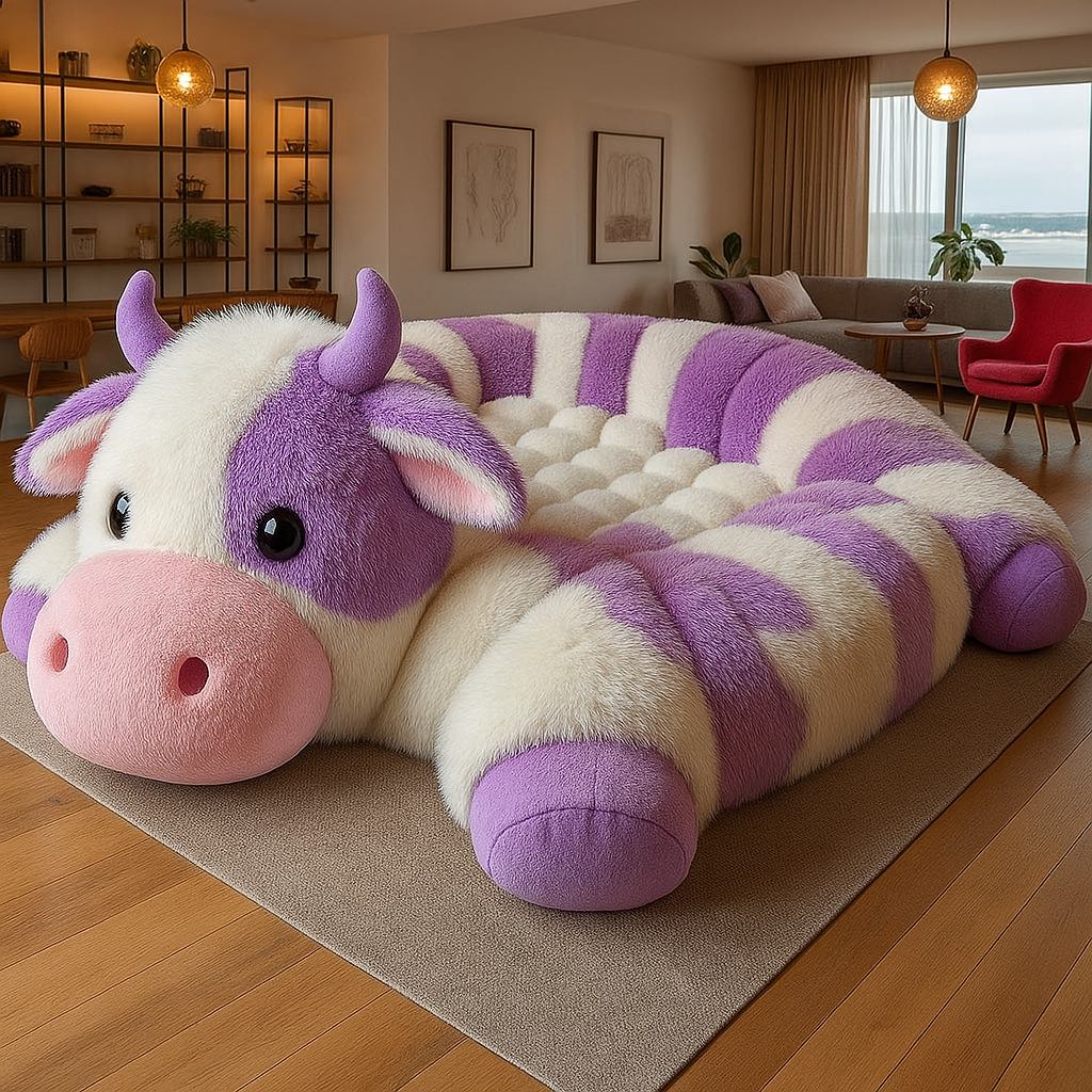 Large purple and cream cow sofa with soft tufts, styled in a bright family living room. 