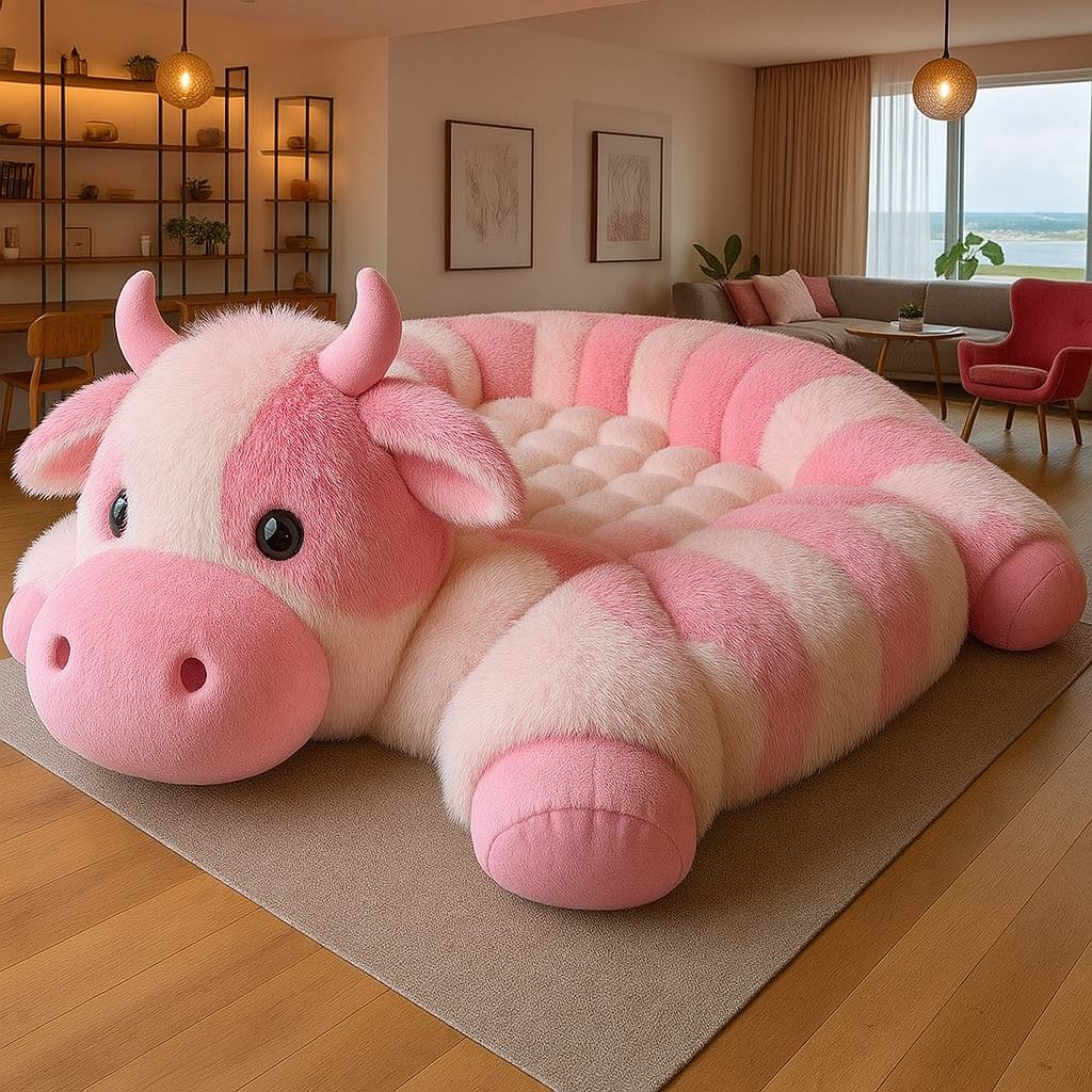 Soft pastel pink cow-shaped sofa with cuddly plush fabric and white accents, perfect for dreamy décor.