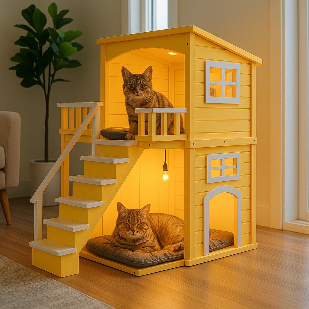 Bright yellow two-storey indoor cat house with built-in bulb lighting, stairs, and tabby cats lounging comfortably.