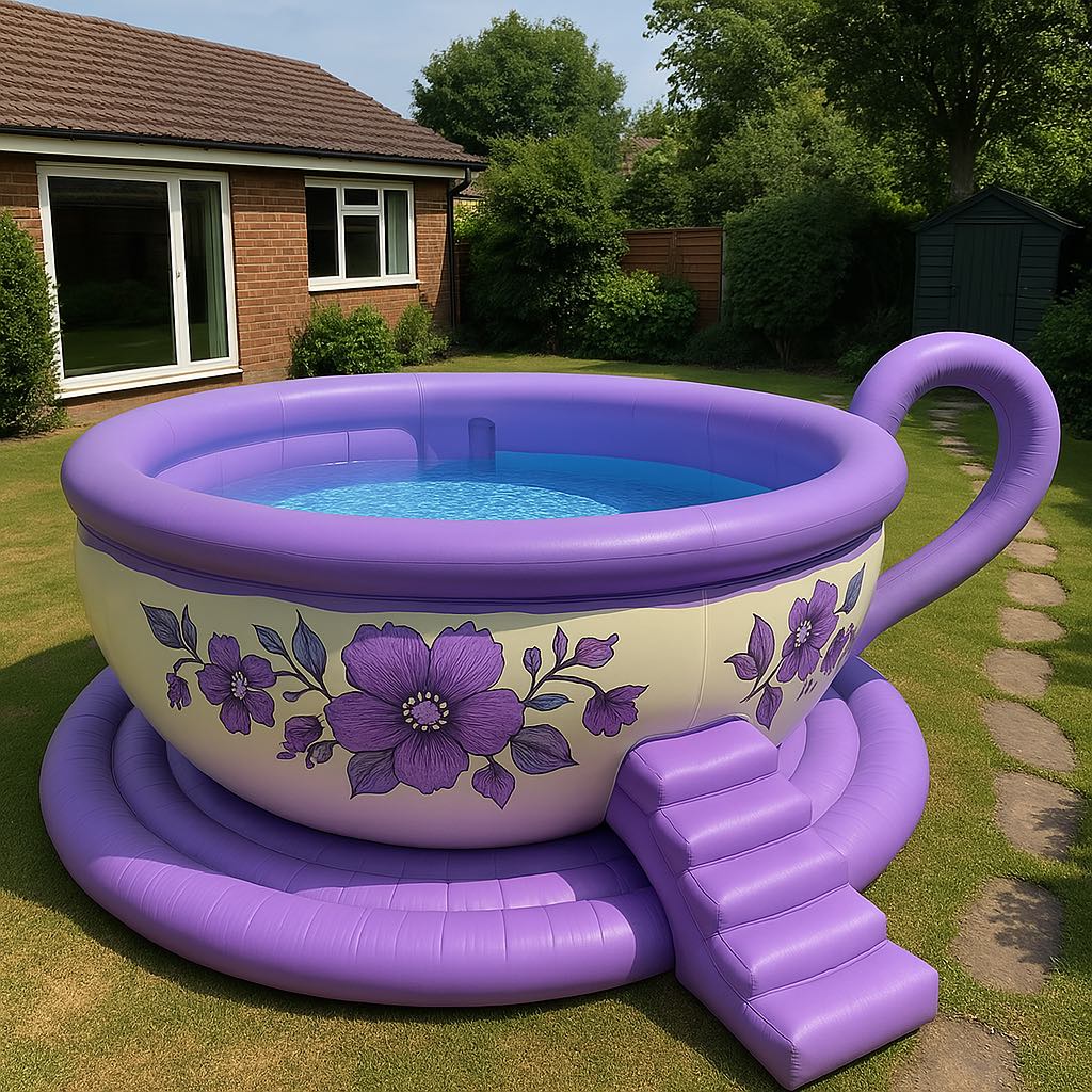 Large inflatable pool designed as a purple teacup, decorated with violet flowers, placed in a grassy backyard.