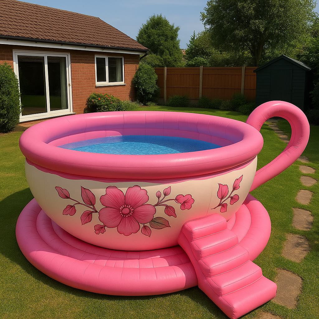 Pink inflatable pool in the shape of a teacup with floral patterns, complete with steps and a garden setting.

