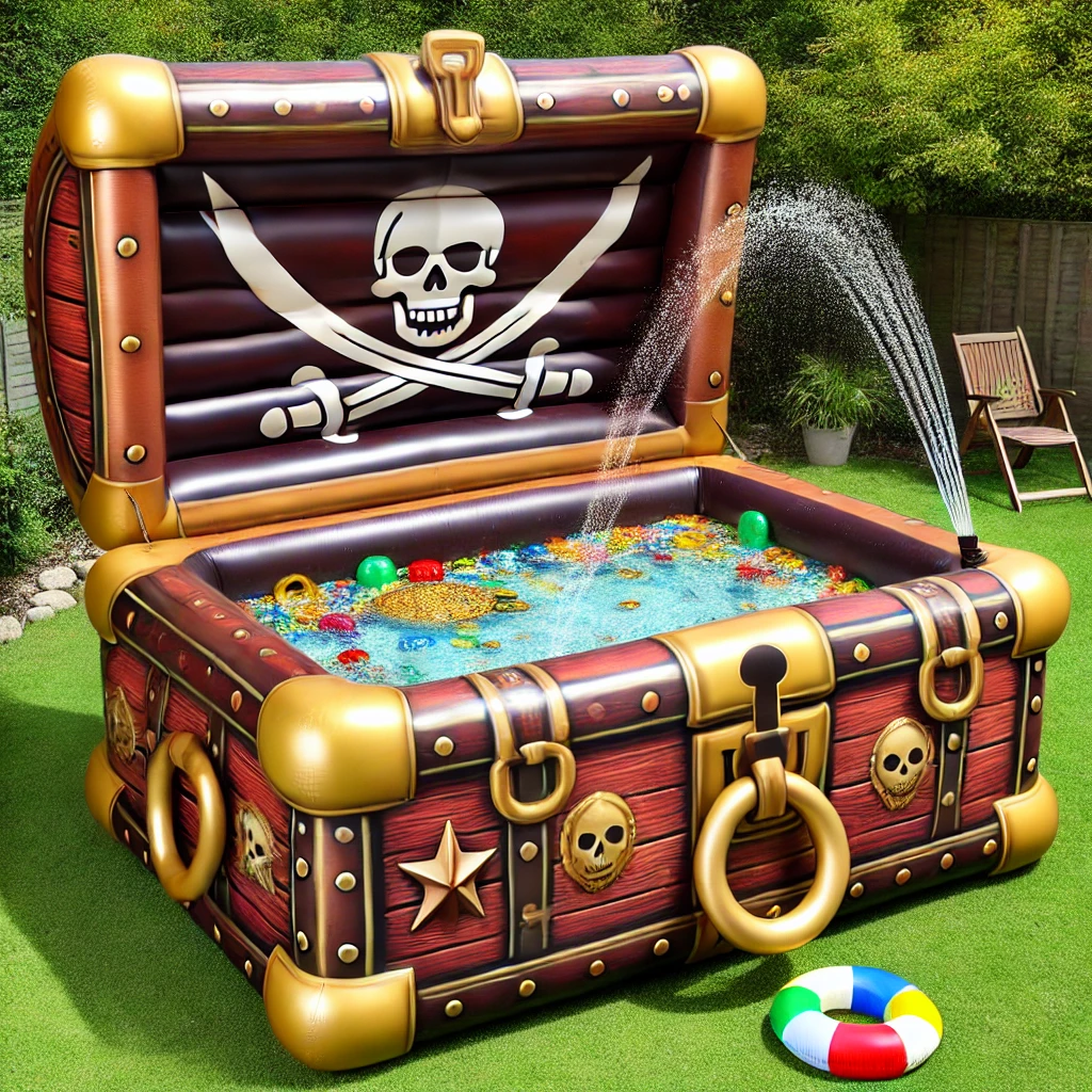A unique treasure chest-shaped inflatable pool with golden accents, water sprayers, and floating toy treasures.