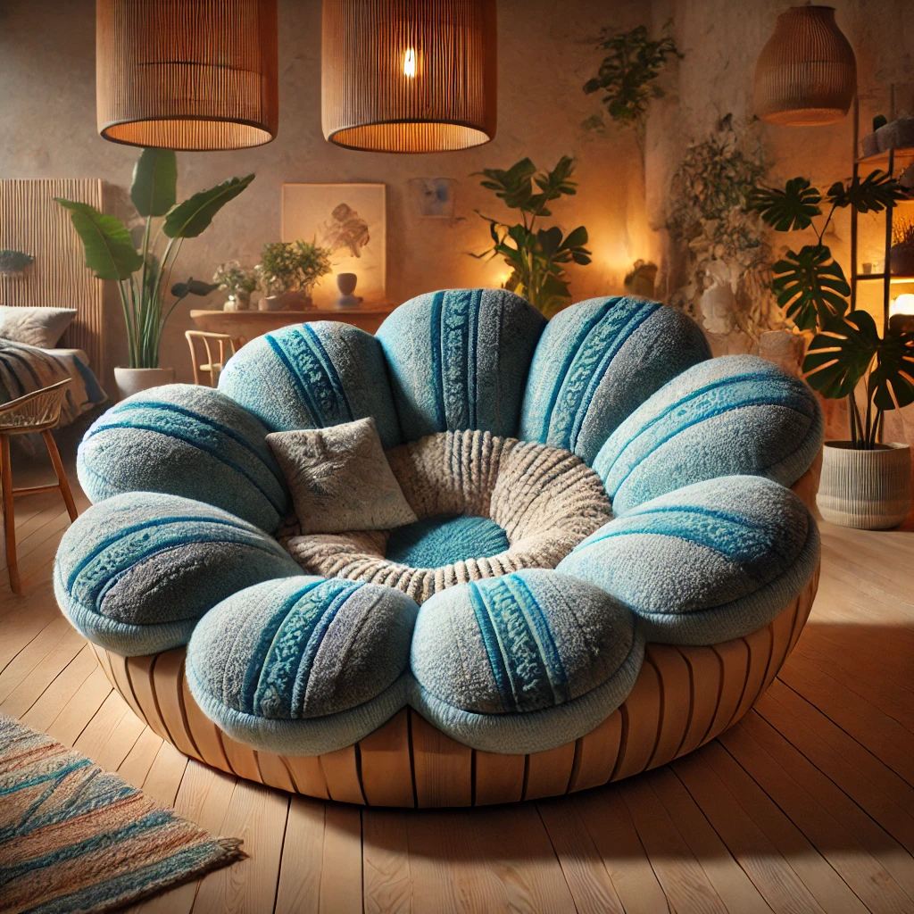 Soft blue flower-shaped sofa with intricate textured fabric, surrounded by cosy décor and warm lighting.

