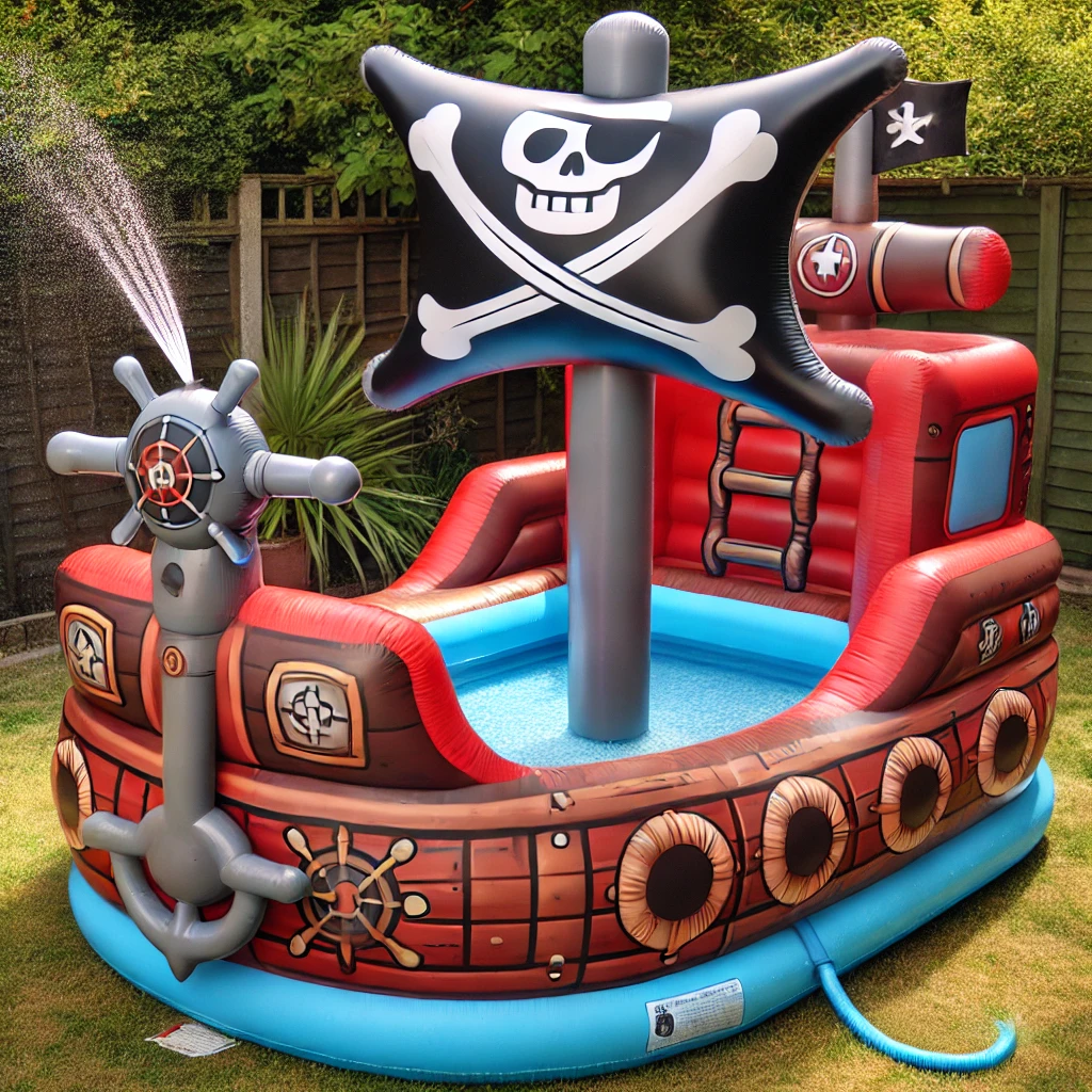 A colourful red and blue inflatable pirate ship pool with a steering wheel and water sprayer, set in a lush backyard.