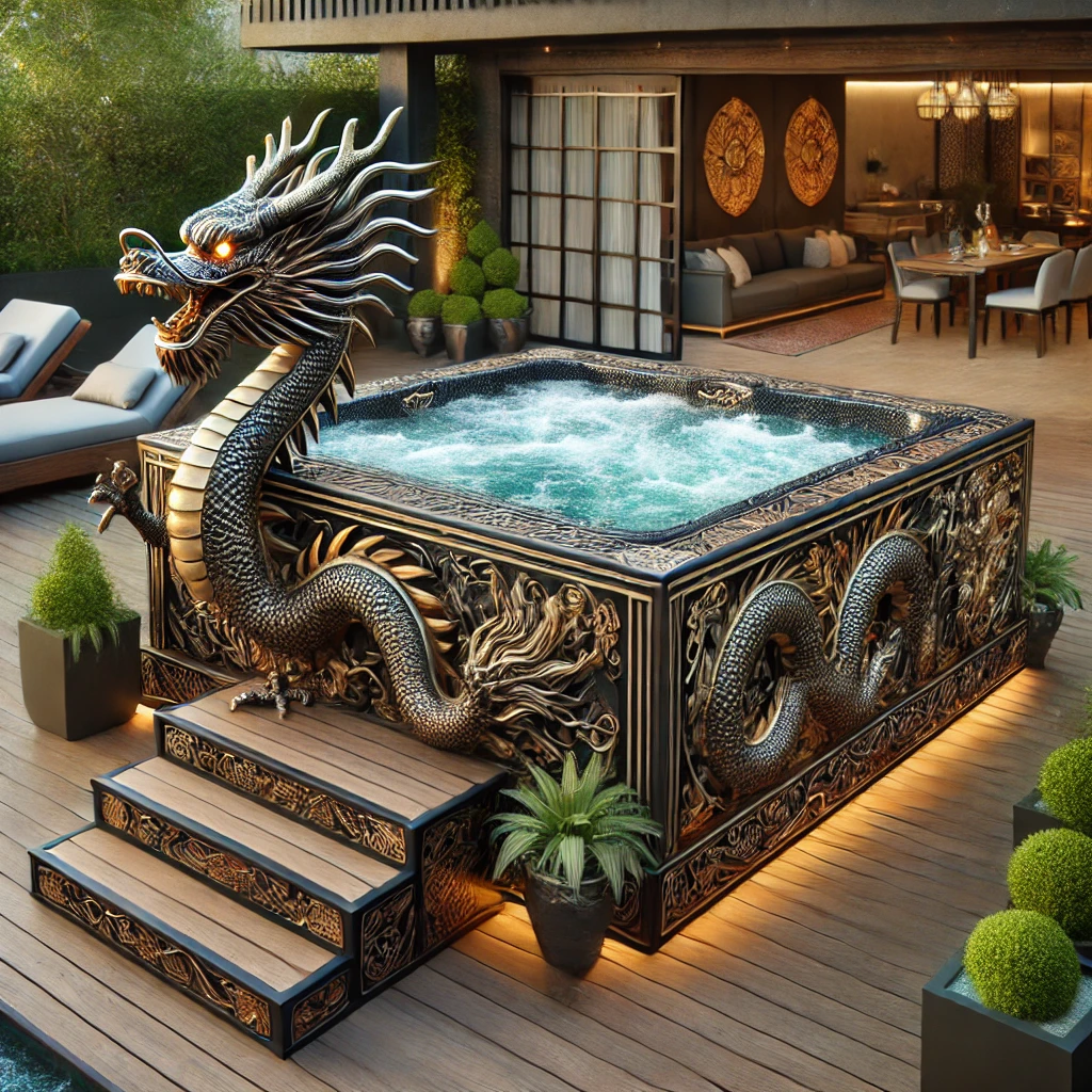 Ornate golden dragon sculpture on a black luxury spa with gold detailing and steps.