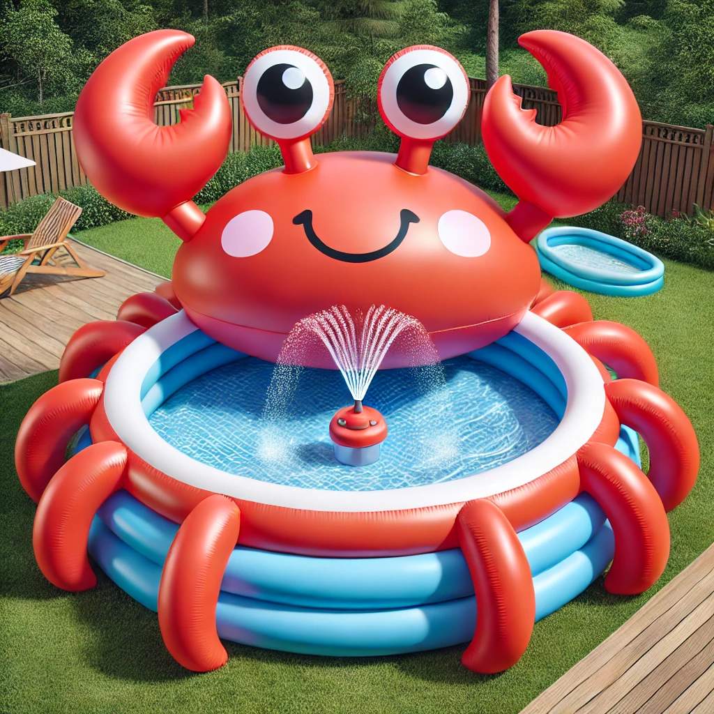 A bright red inflatable crab paddling pool featuring large claws and a built-in water fountain