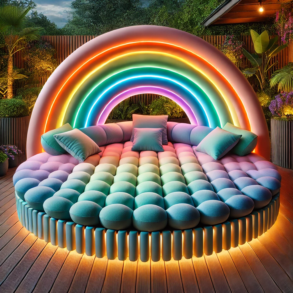 A round  bed with glowing LED strips, soft cushions, and an inviting outdoor atmosphere.