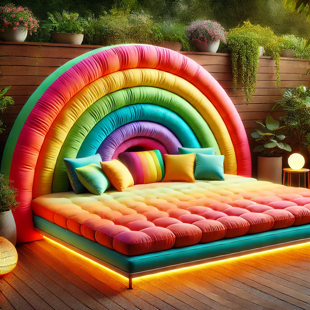A bright, multicoloured rainbow bed with LED lighting, set in a stylish garden with lush plants.
