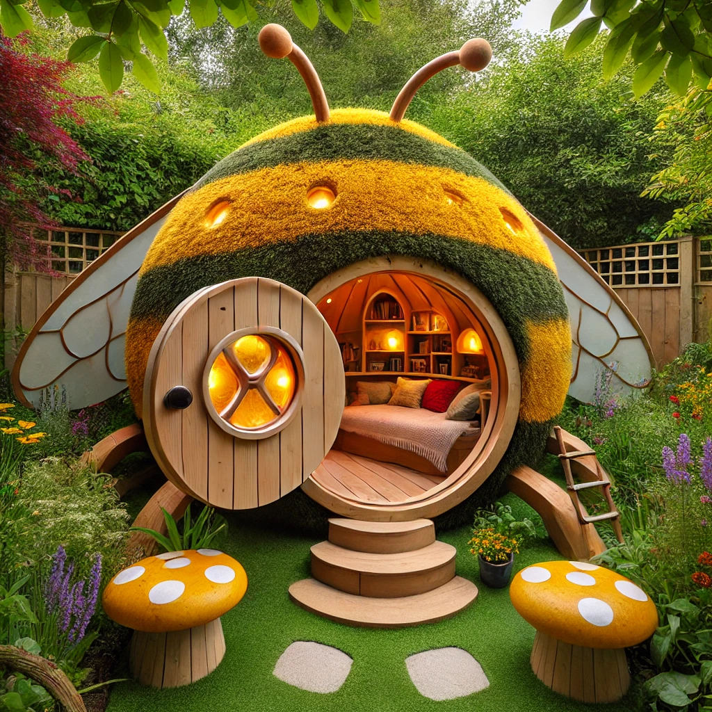 A delightful bee-shaped garden pod with black and yellow hues, honeycomb windows, and a snug seating area inside.