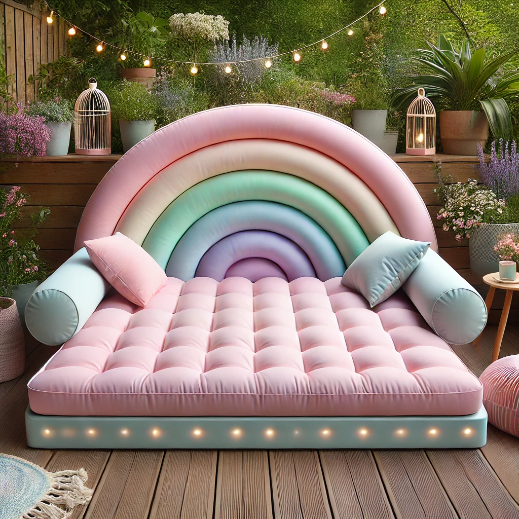 A soft pastel rainbow bed with fairy lights, decorative cushions, and a wooden pergola for a boho-inspired outdoor lounge.