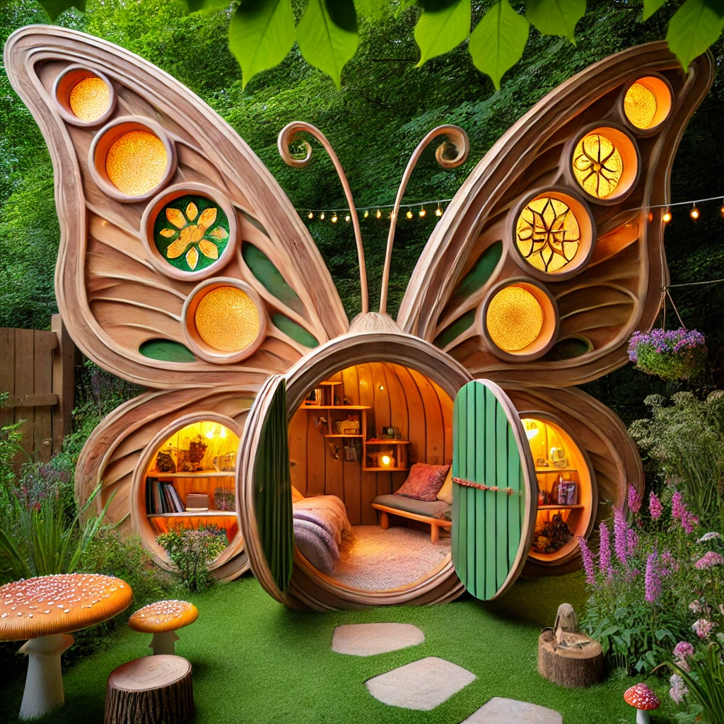 An elegant butterfly-shaped garden pod with intricately designed wings, warm lighting, and a serene garden setting.