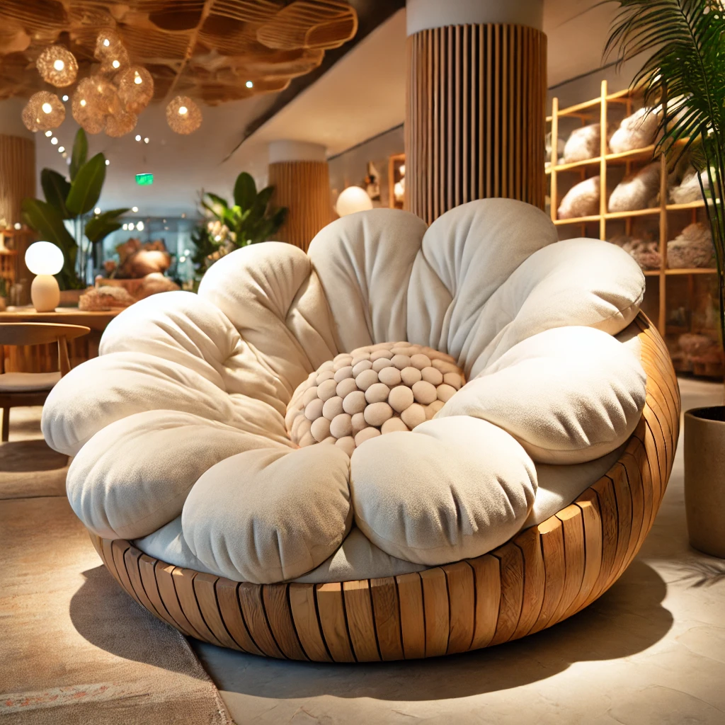Luxurious white petal-shaped sofa with a curved wooden base in a modern interior setting.