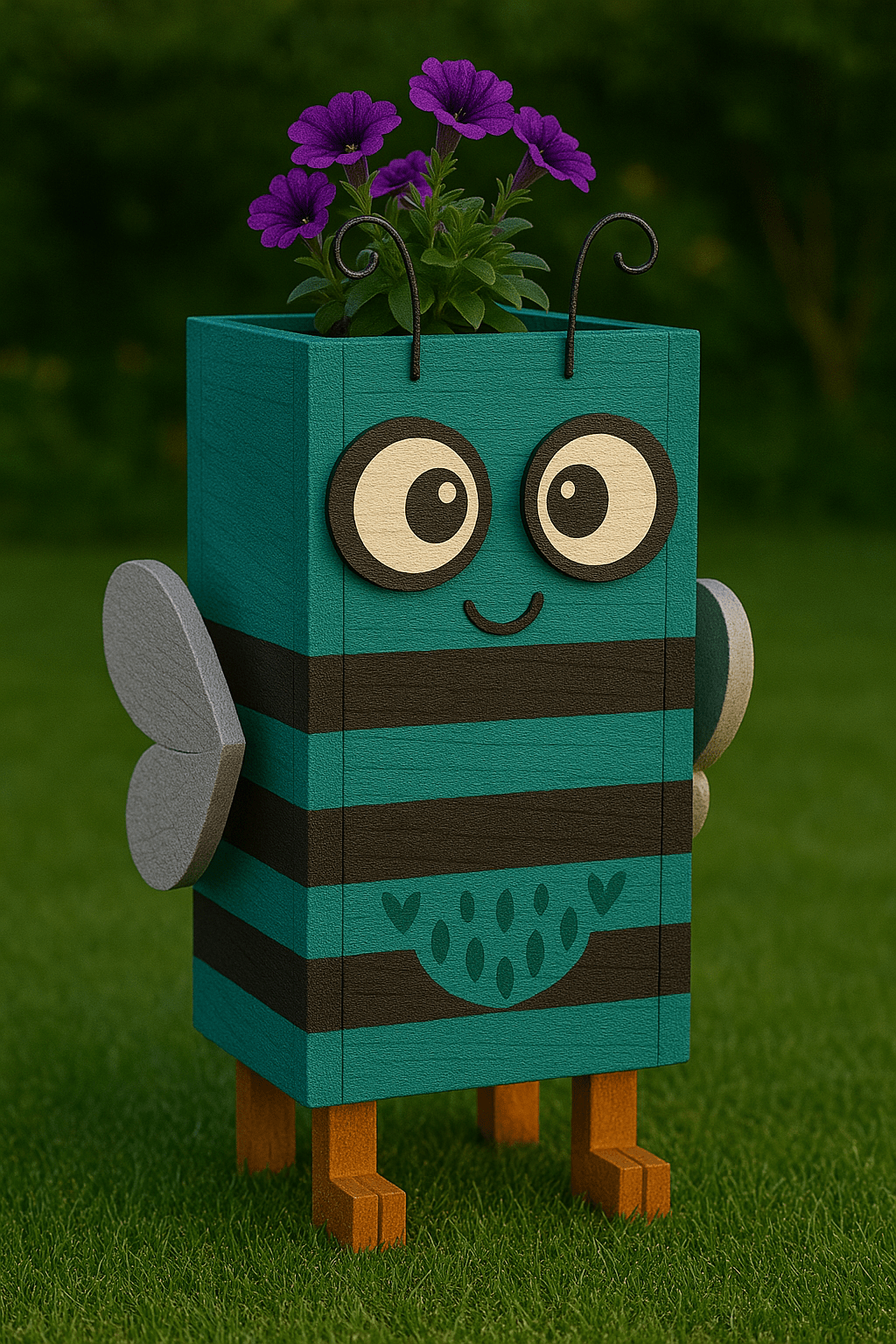 Teal and black striped wooden bee planter with wide eyes and purple petunias