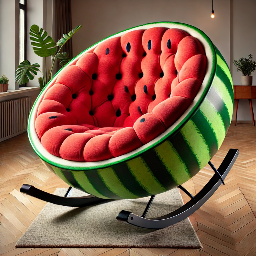 A watermelon-themed rocking chair with green-striped sides, plush red tufted cushioning, and black seed details.