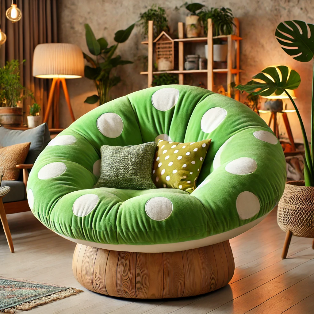 A vibrant green mushroom chair with white polka dots placed in a nature-themed cosy living space
