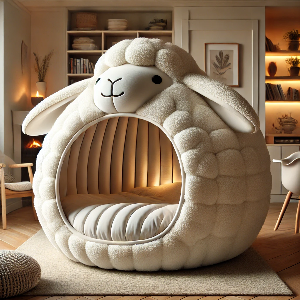 A charming sheep-shaped bed with a soft, plush exterior and cosy interior for a restful night’s sleep.