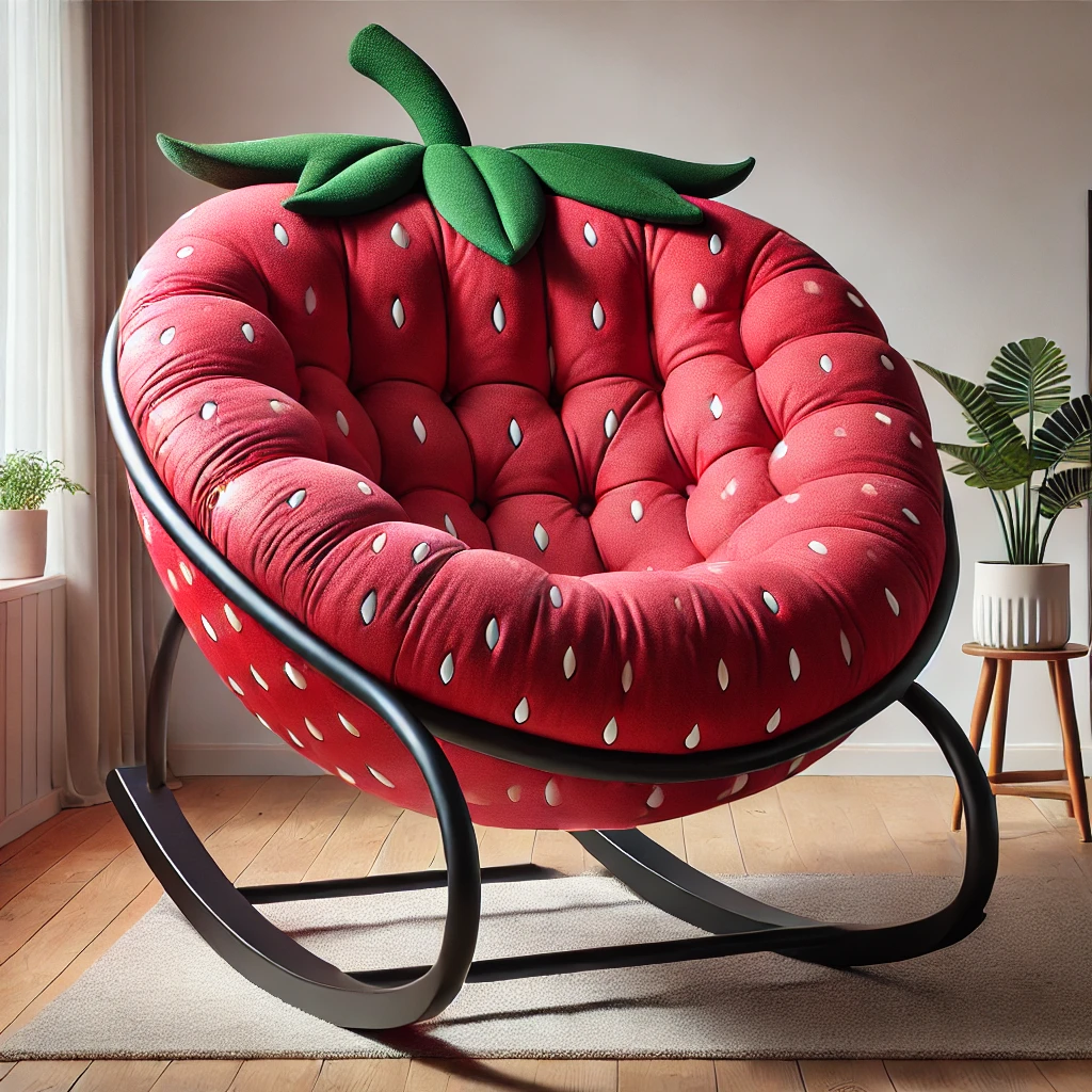 A red strawberry-themed rocking chair with tufted fabric and green leaf detailing