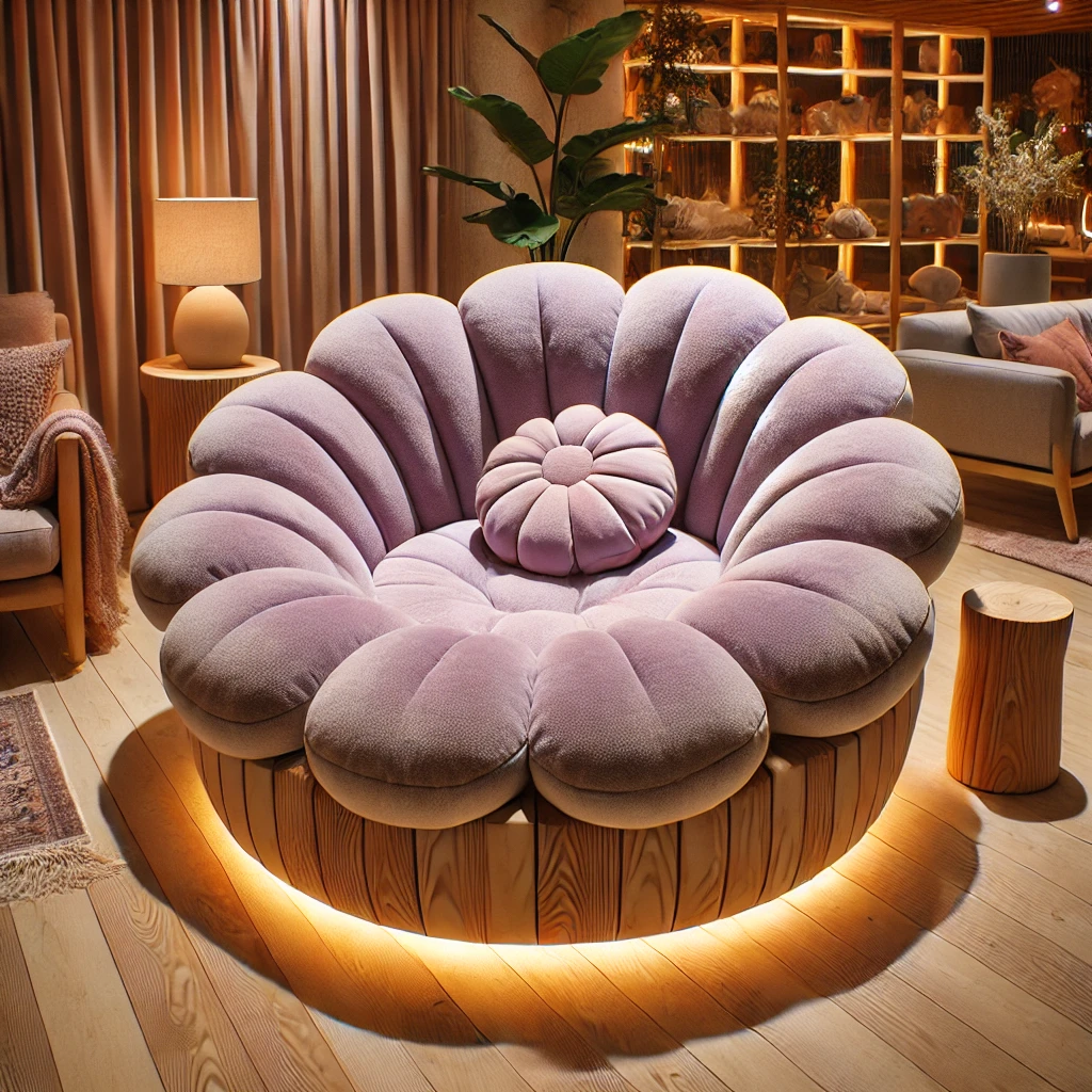 Plush lavender flower-shaped sofa with a centre cushion, set against a warm and inviting home backdrop.