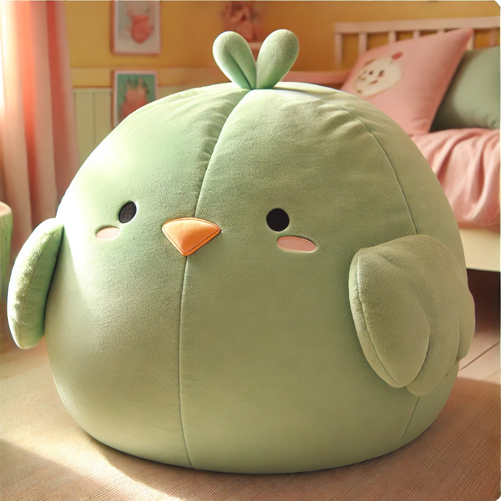 Soft green bird-shaped bean bag in a calming, nature-inspired room setting.