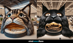 A luxurious giant cat-shaped sofa with plush seating, set in a stylish modern living room.