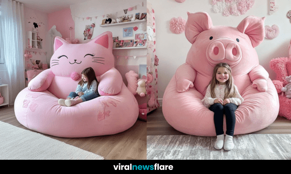 A giant hippo-shaped bean bag chair in a cosy children’s bedroom with a happy child sitting on it.