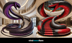 Collection of dramatic serpent-inspired staircases in red, green, gold, and purple across various luxury interiors