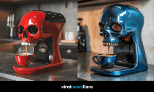 A collection of vibrant skull-shaped coffee machines in blue, red, yellow, and pink on modern kitchen counters