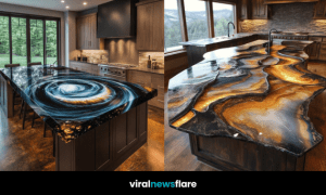 Stunning resin countertop with flowing black and amber pattern in a rustic kitchen setting