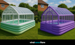 Three colourful inflatable greenhouse pools in purple, pink, and green set up in British gardens