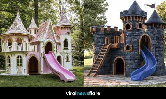 A comparison of a whimsical pink princess castle playhouse with a curved slide and a bold fortress castle playhouse with a blue slide.