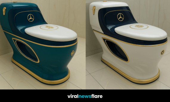 Set of three luxury toilets in navy, teal, and purple with Mercedes branding and gold details