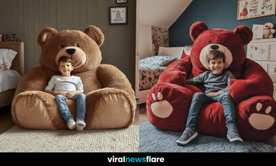 A cosy bedroom with a large brown teddy bear chair, creating a comfortable reading and relaxation spot for kids.