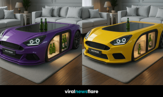 Stylish living room with a sleek yellow sports car coffee table featuring a built-in mini fridge and LED headlights.