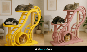 Three cats relaxing on a vibrant yellow rollercoaster-shaped cat tree in a modern living room