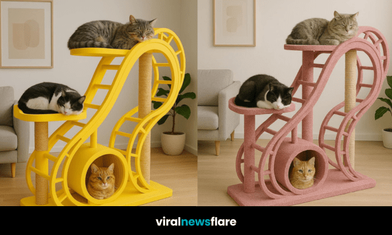 Three cats relaxing on a vibrant yellow rollercoaster-shaped cat tree in a modern living room