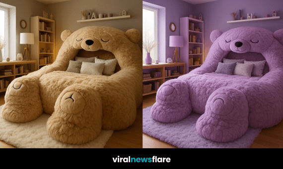Oversized beige teddy bear-shaped bed in a cosy neutral-toned bedroom with bookshelves and natural light