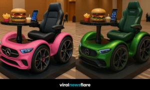 Four luxury mobility chairs styled after Mercedes-Benz cars, each with built-in dining trays and digital screens.