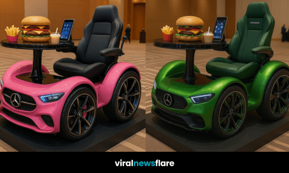 Four luxury mobility chairs styled after Mercedes-Benz cars, each with built-in dining trays and digital screens.