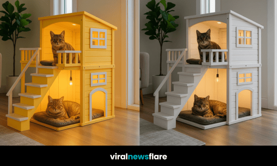 Two brown tabby cats relaxing in a stylish white two-storey indoor cat house with interior lighting and soft bedding.